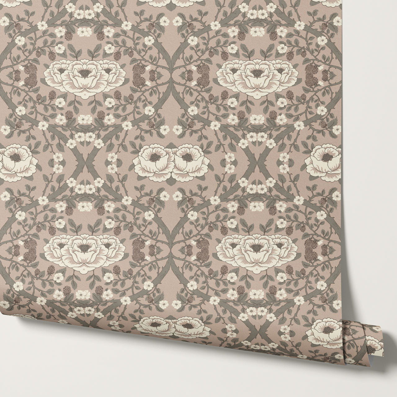 Hallie Blackberry Ogee Rose Ash Wallpaper
