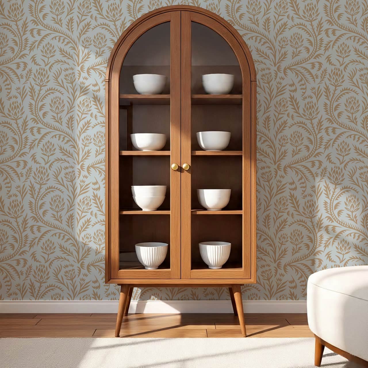 Hannah Folkfloral Woodcut Dove Beige Wallpaper