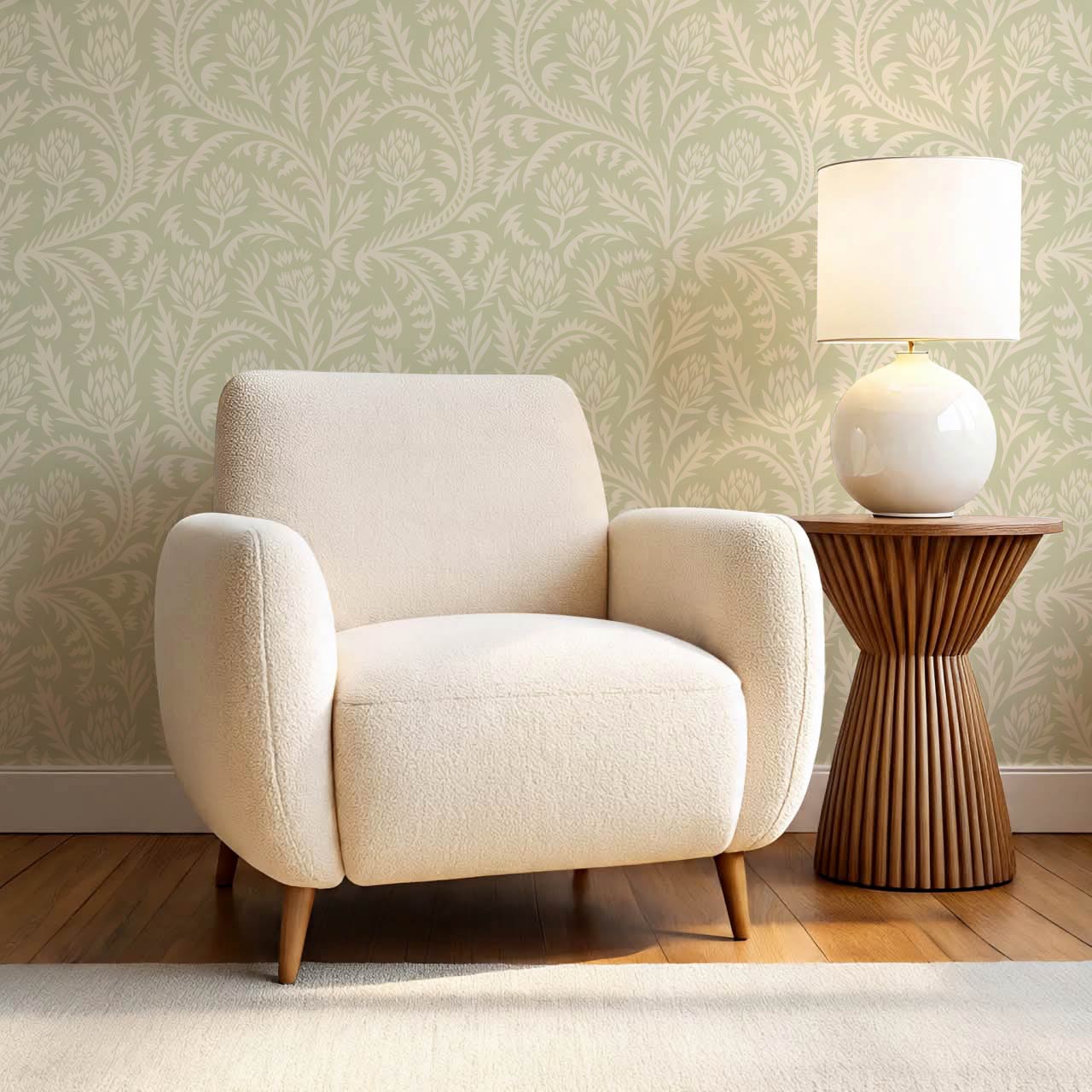 Hannah Folkfloral Woodcut Soft Sage Wallpaper