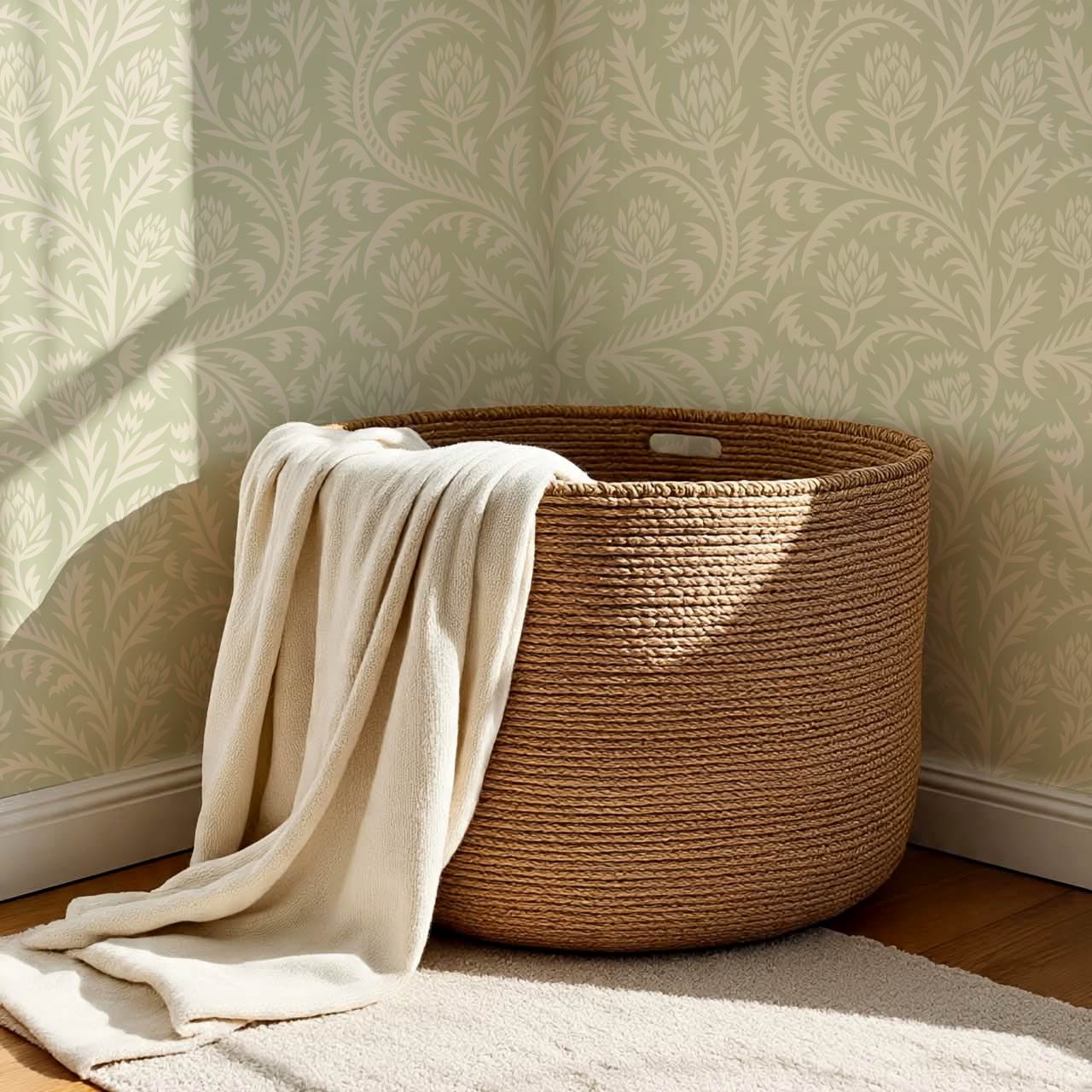 Hannah Folkfloral Woodcut Soft Sage Wallpaper