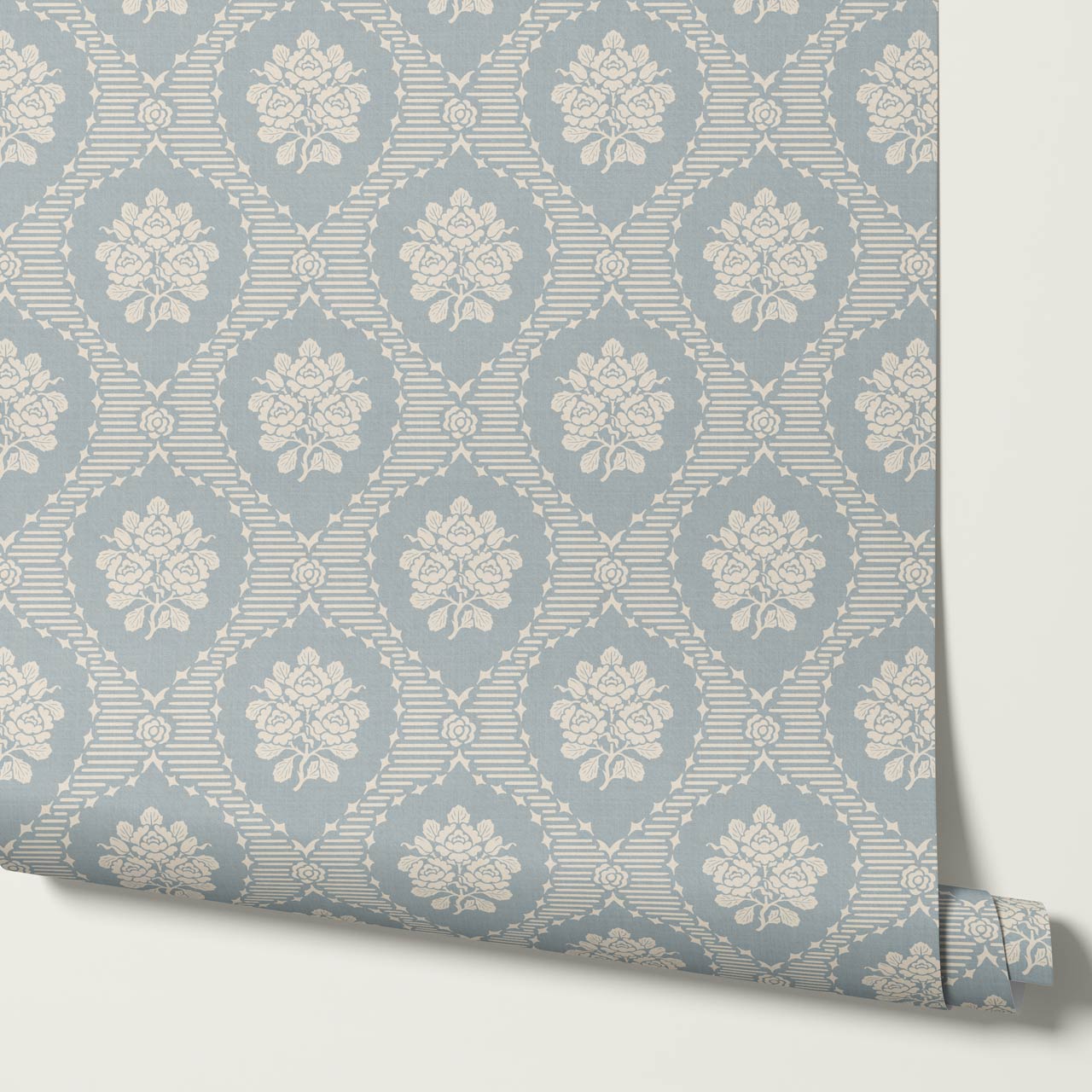 Harmony Ogee Lattice Bouquet French Blue Wallpaper