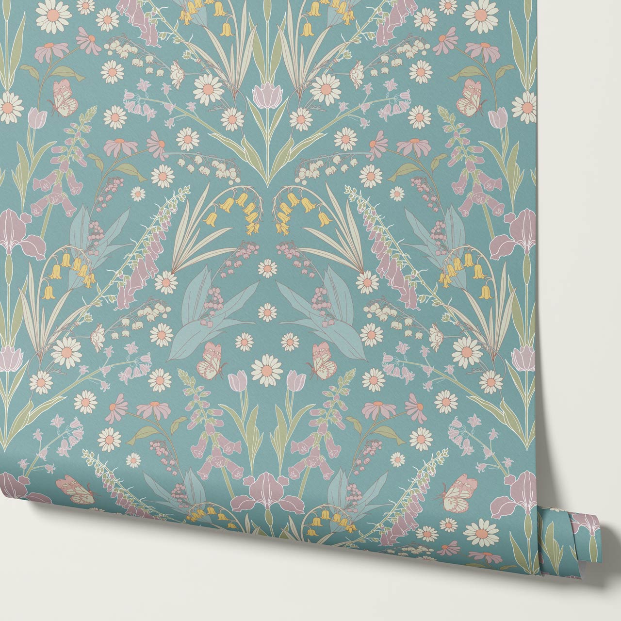 Heli Meadow Florals Jade Blush Wallpaper