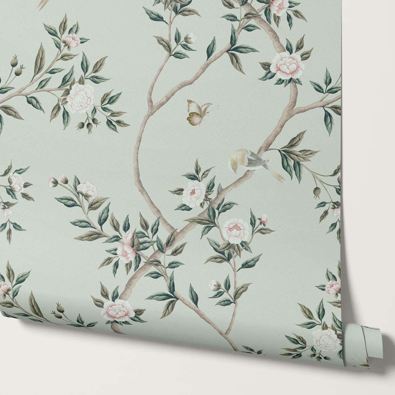 Hemma Porcelain Orchard Chinoiserie Sage Green Wallpaper