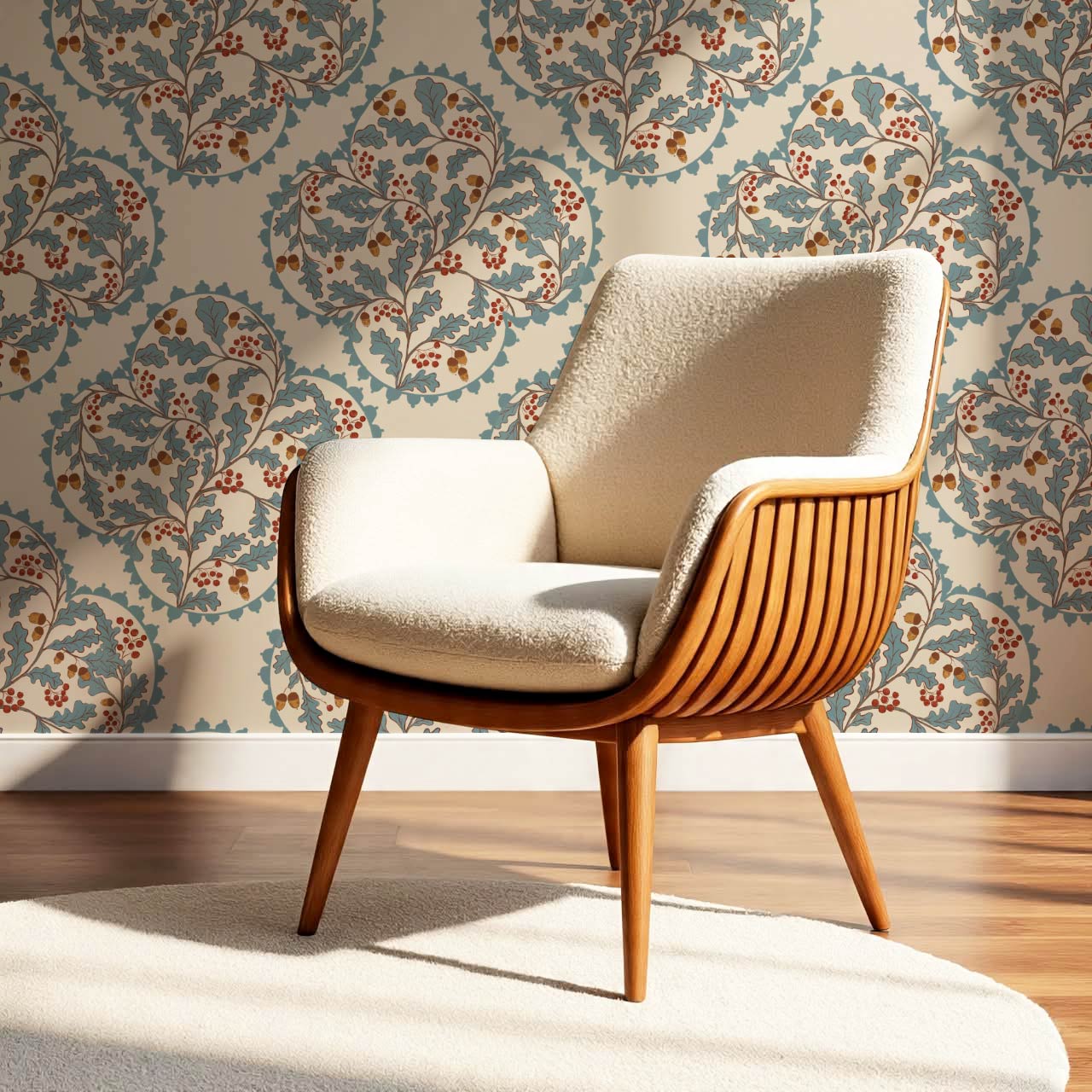 Herminia Oak Leaves Medalions Neutral Teal Wallpaper