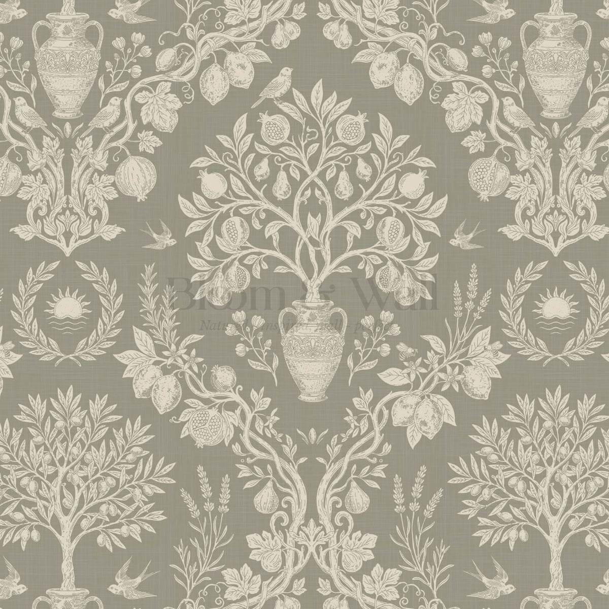 Hilaria Mediterranean Garden Olive Stone Ivory Wallpaper
