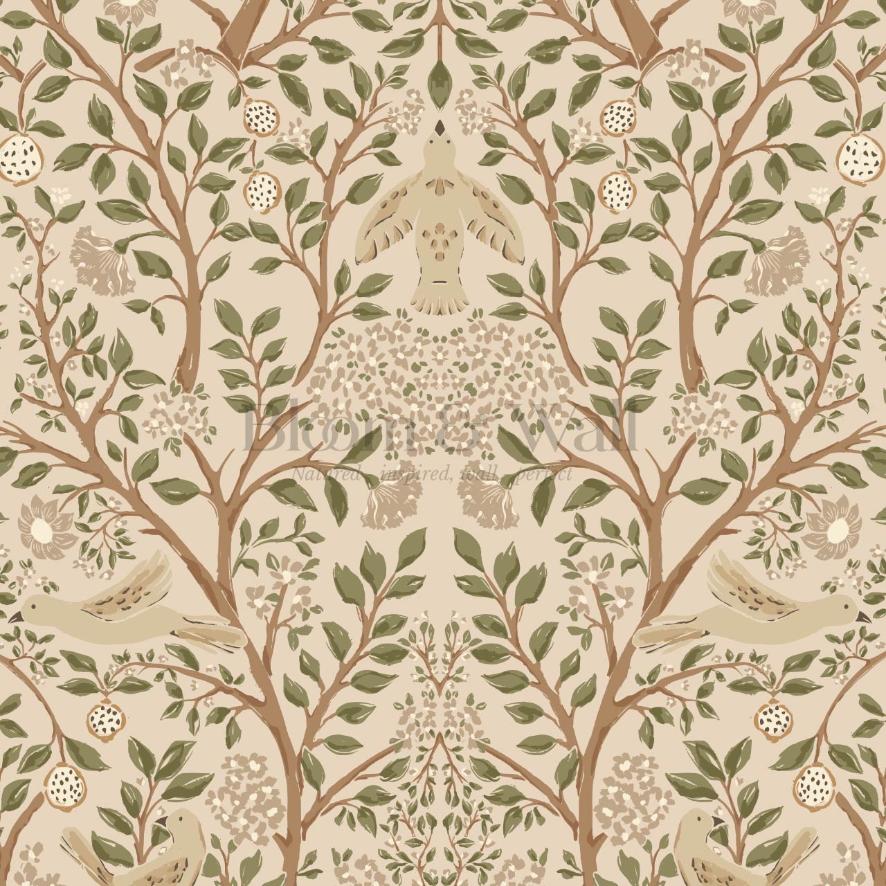 Isabeau Orchard Doves Tan Sage Wallpaper