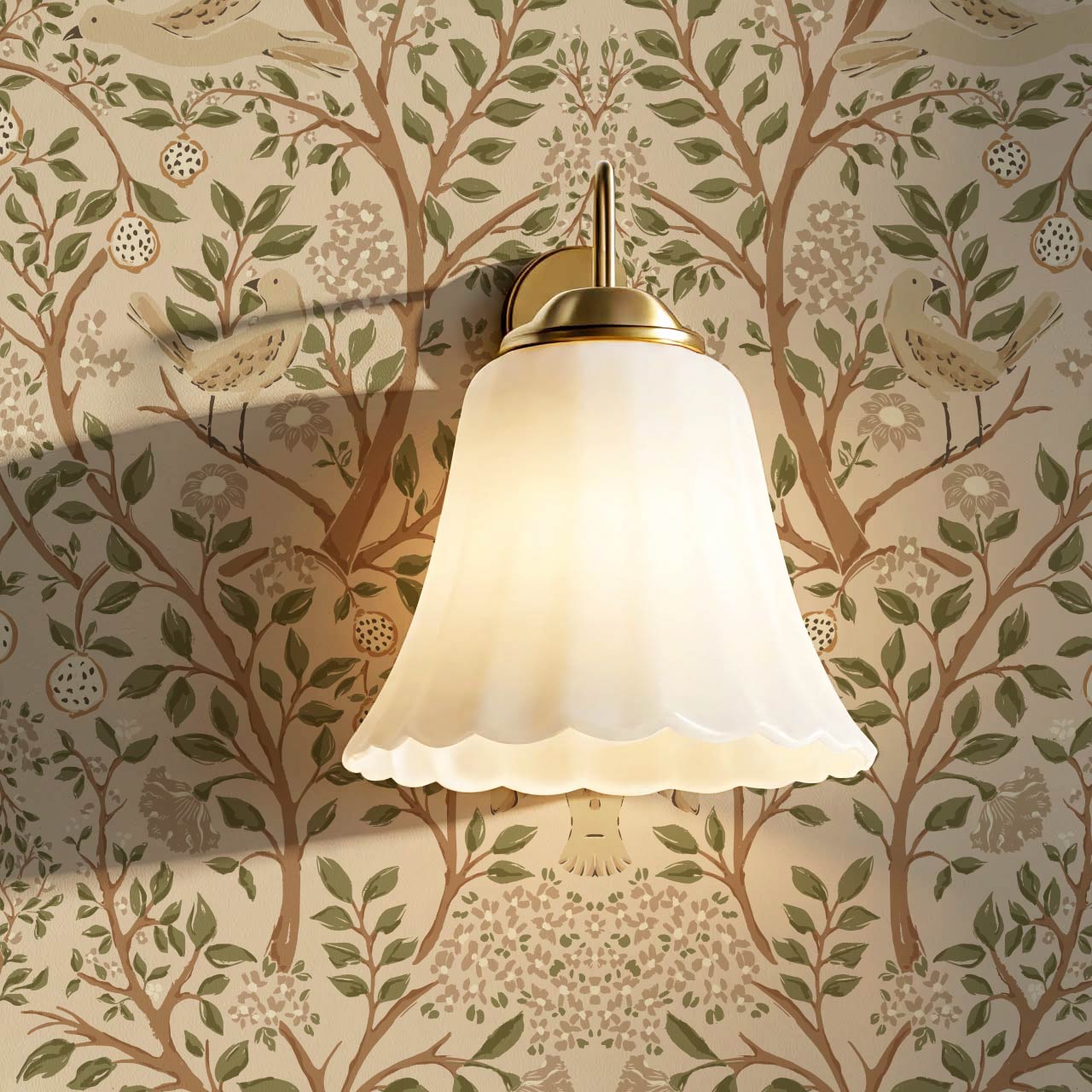 Isabeau Orchard Doves Tan Sage Wallpaper