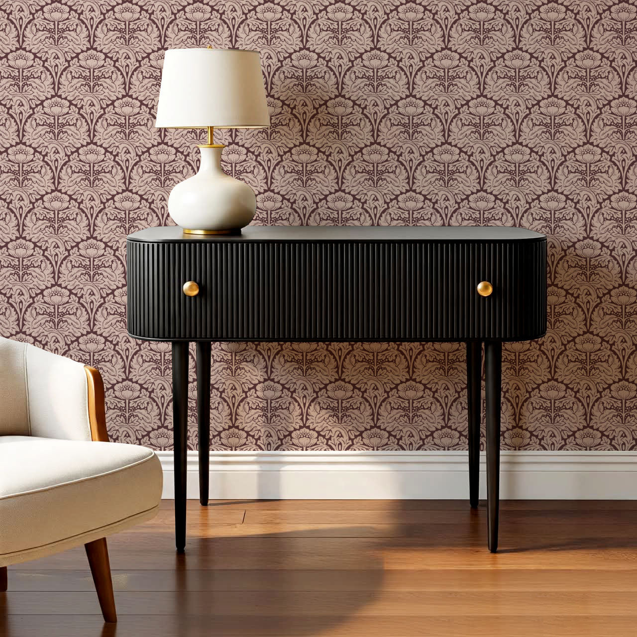 Jane Acantus Leaf Damask Maroon Wallpaper