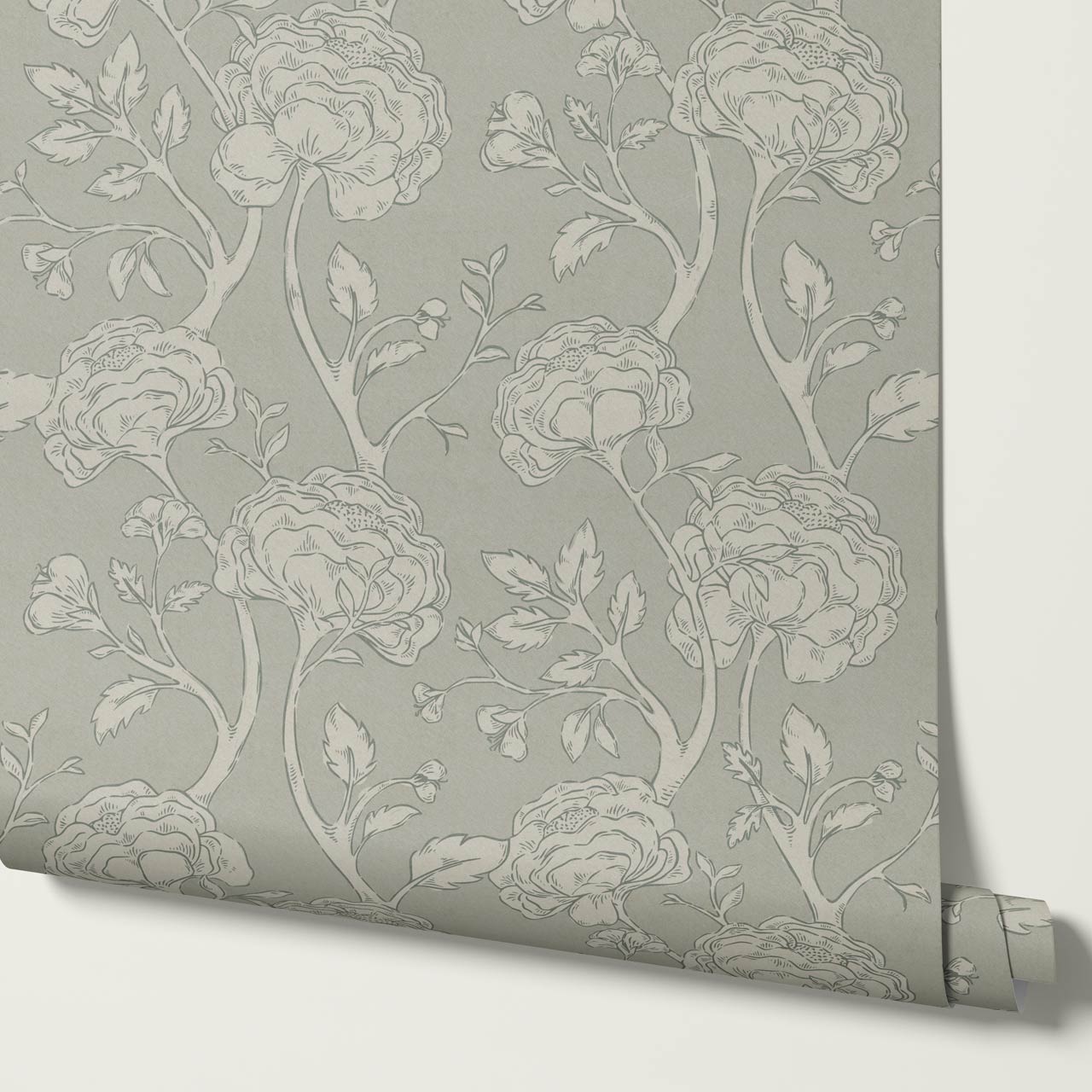 Janvier Peony Chinoiserie Sage Stone Wallpaper