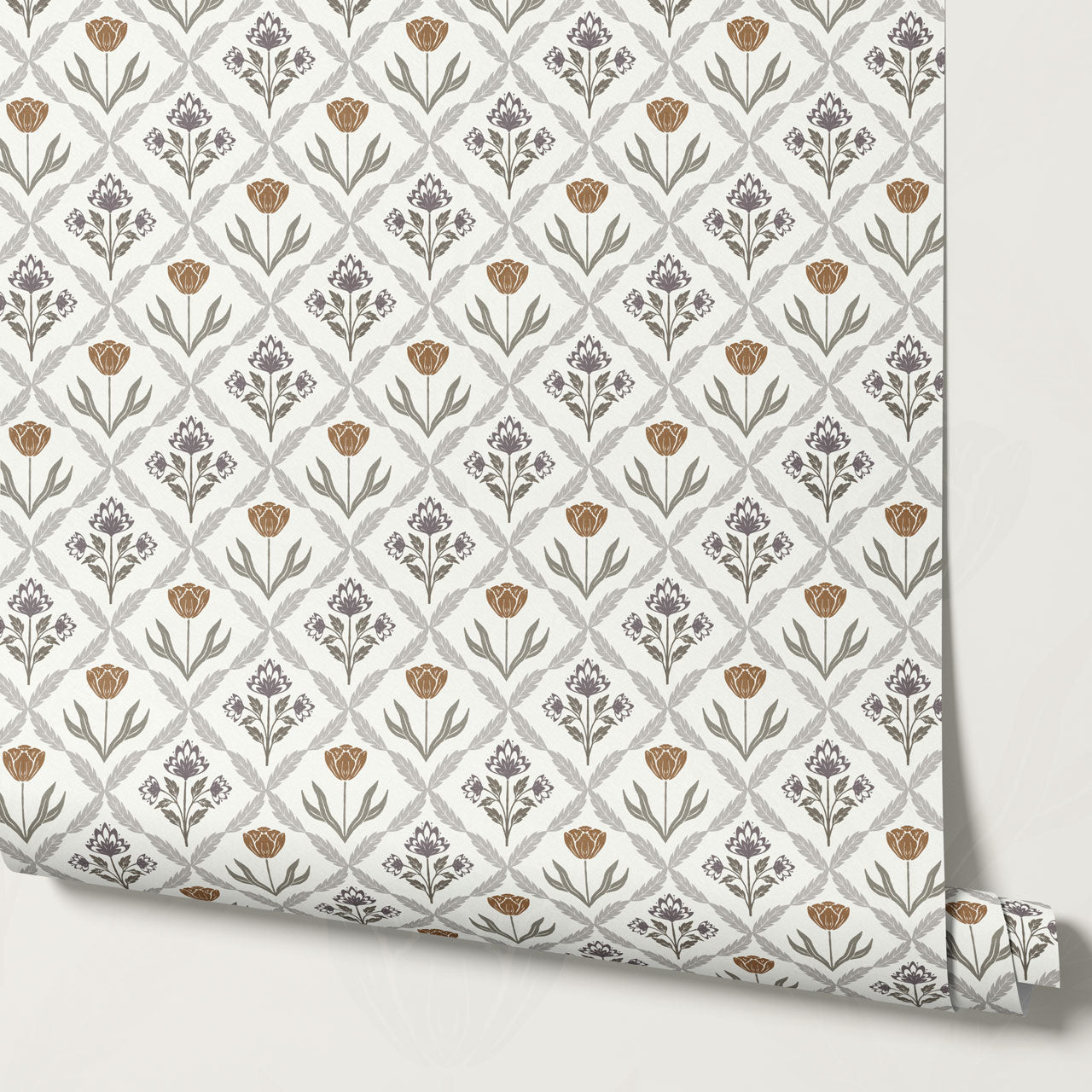 Joelle Tulip Damask Plum Wallpaper