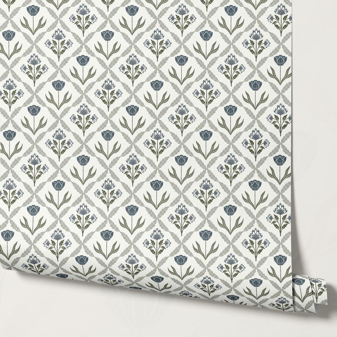 Joelle Tulip Damask Blue Wallpaper