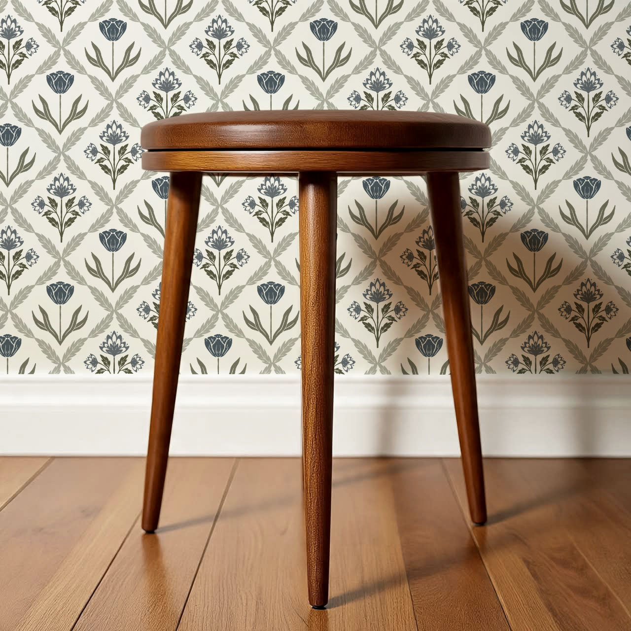 Joelle Tulip Damask Blue Wallpaper