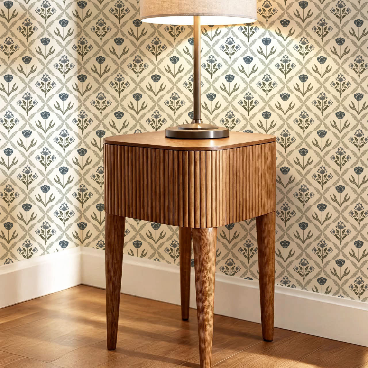 Joelle Tulip Damask Blue Wallpaper