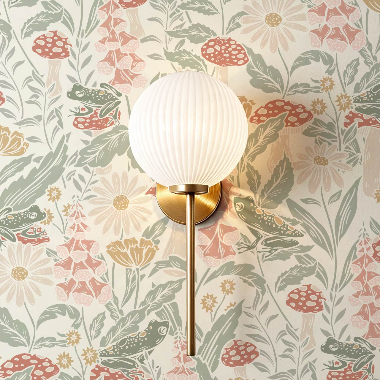 Juni The Mushroom Garden's Little Frogs Sage Pink Wallpaper