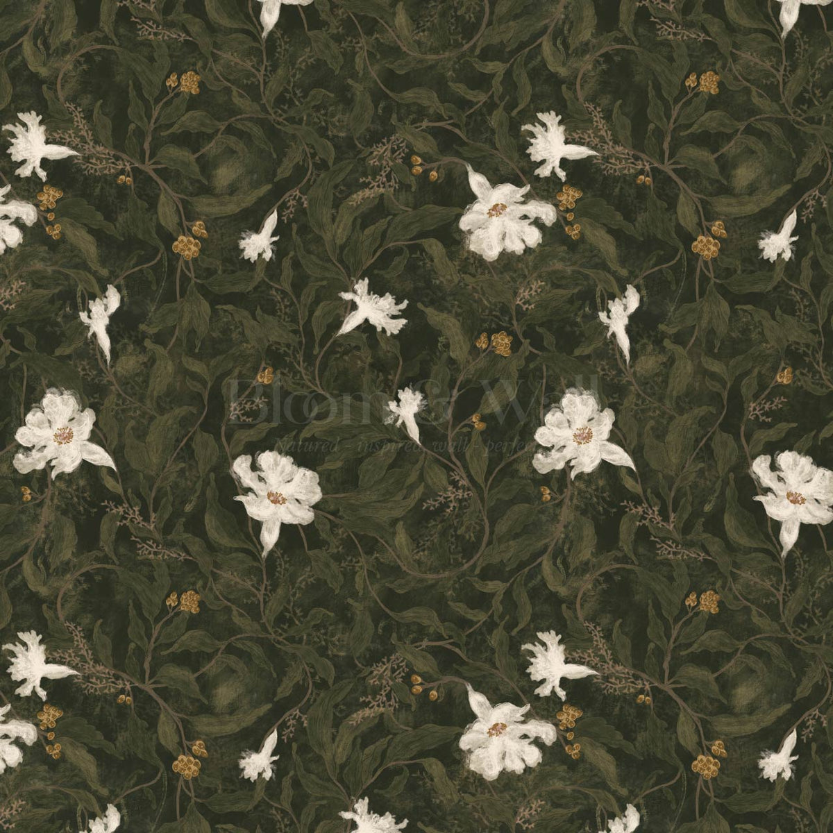 Kairo Midnight Garden Deep Moss Cream Wallpaper