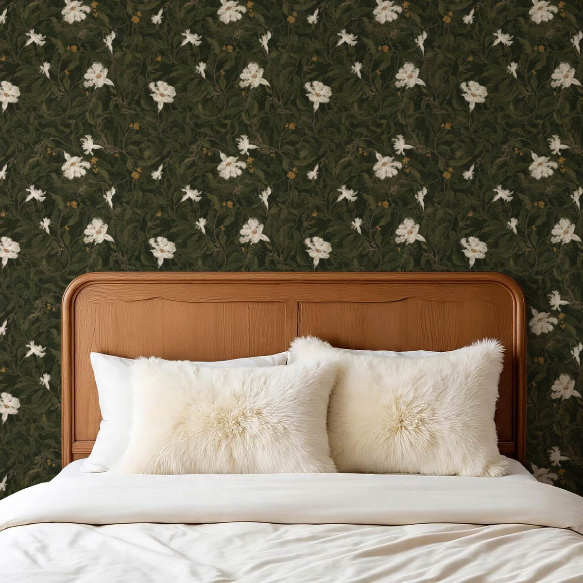 Kairo Midnight Garden Deep Moss Cream Wallpaper