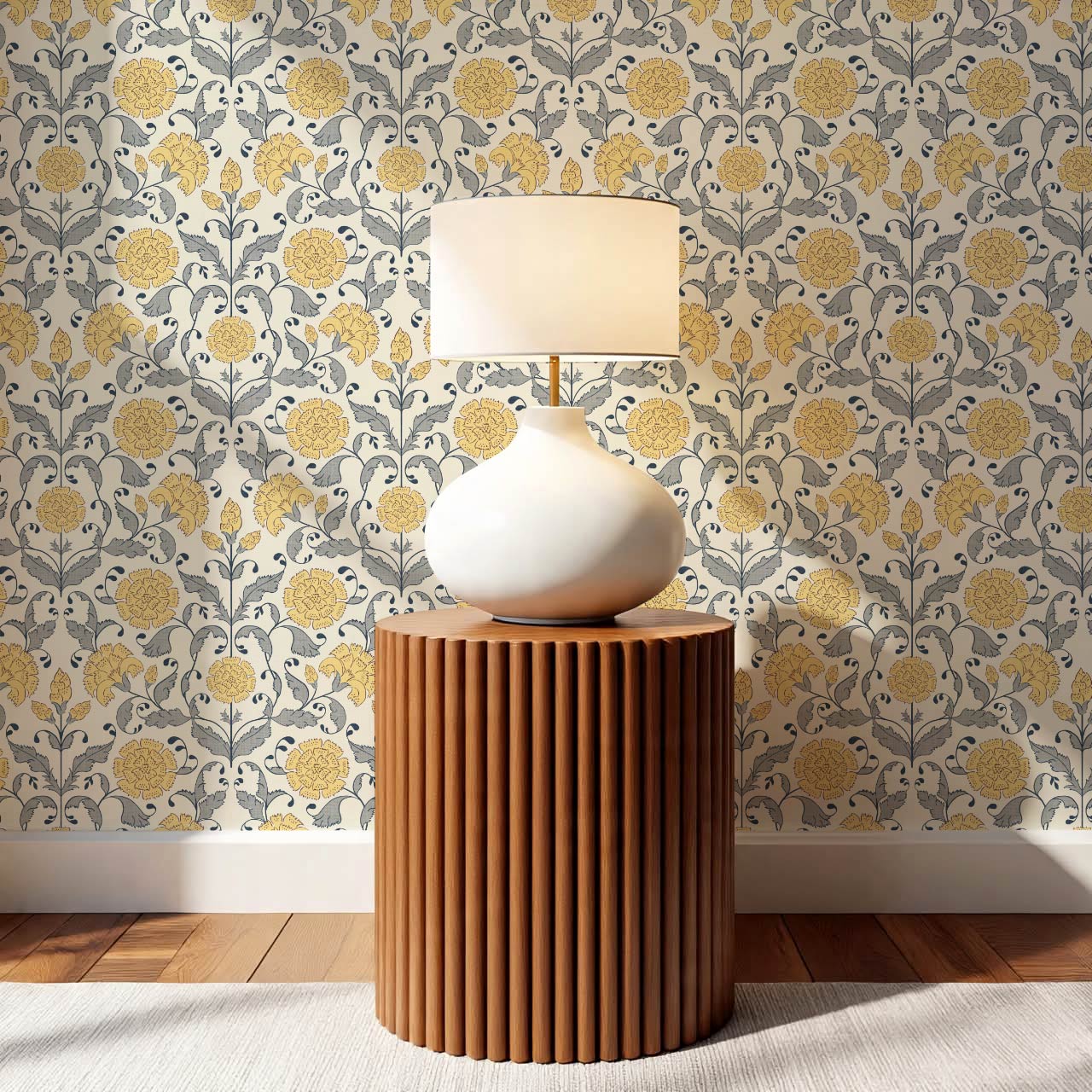 Kalpana Bloomery Butter Yellow and Stone Grey Wallpaper