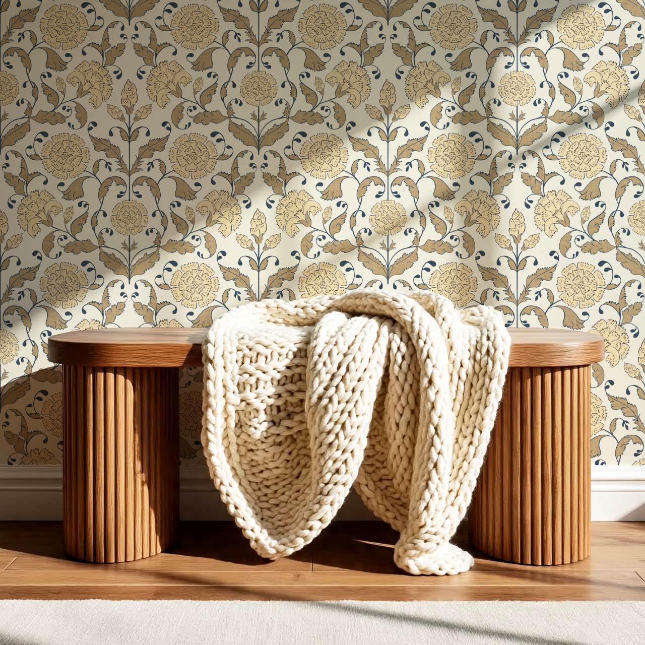 Kalpana Bloomery Peachy White and Tan Beige Wallpaper