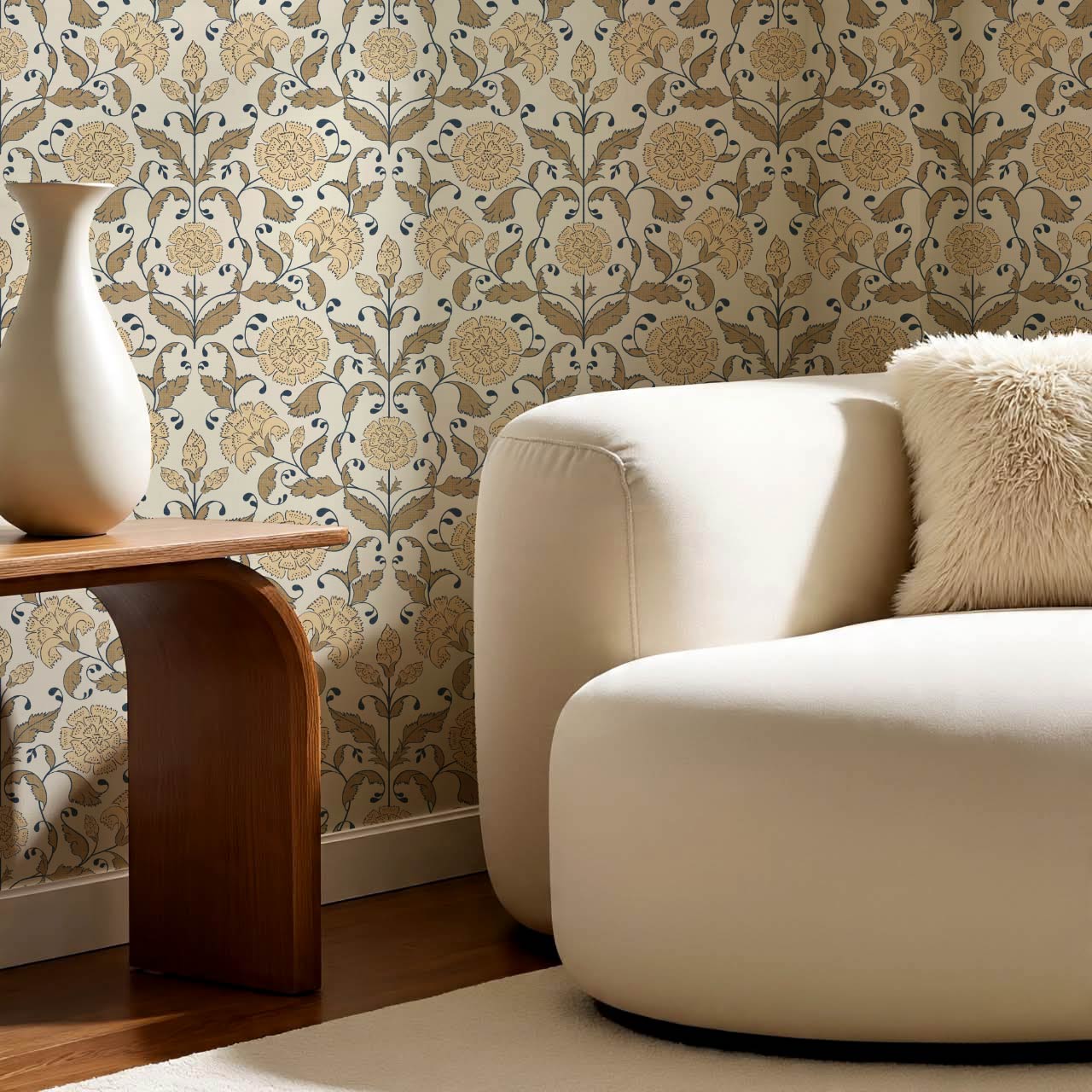 Kalpana Bloomery Peachy White and Tan Beige Wallpaper