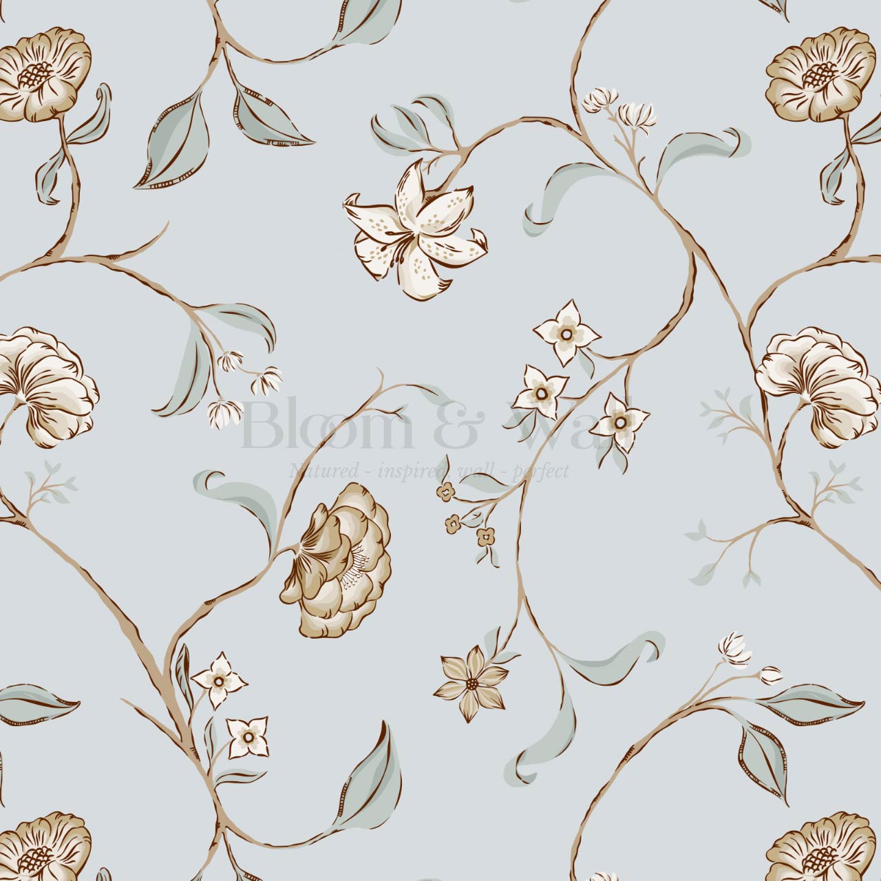 Kinnette Whimsical Floral Chinoiserie Dove Blue Wallpaper