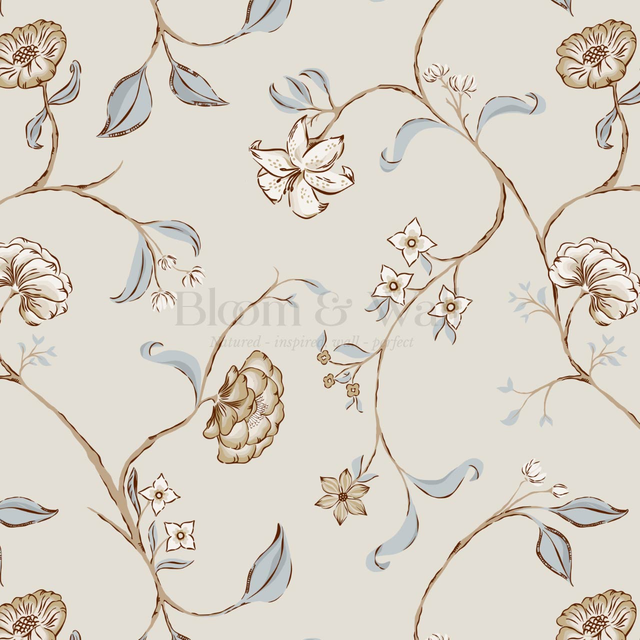Kinnette Whimsical Floral Chinoiserie Taupe French Blue Wallpaper