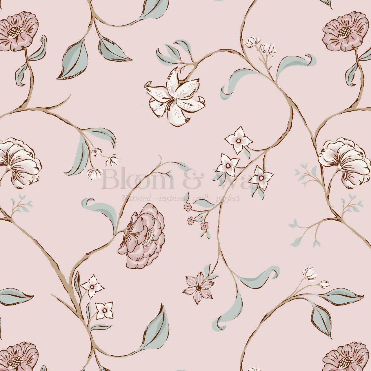 Kinnette Whimsical Floral Chinoiserie Pink Sage Wallpaper