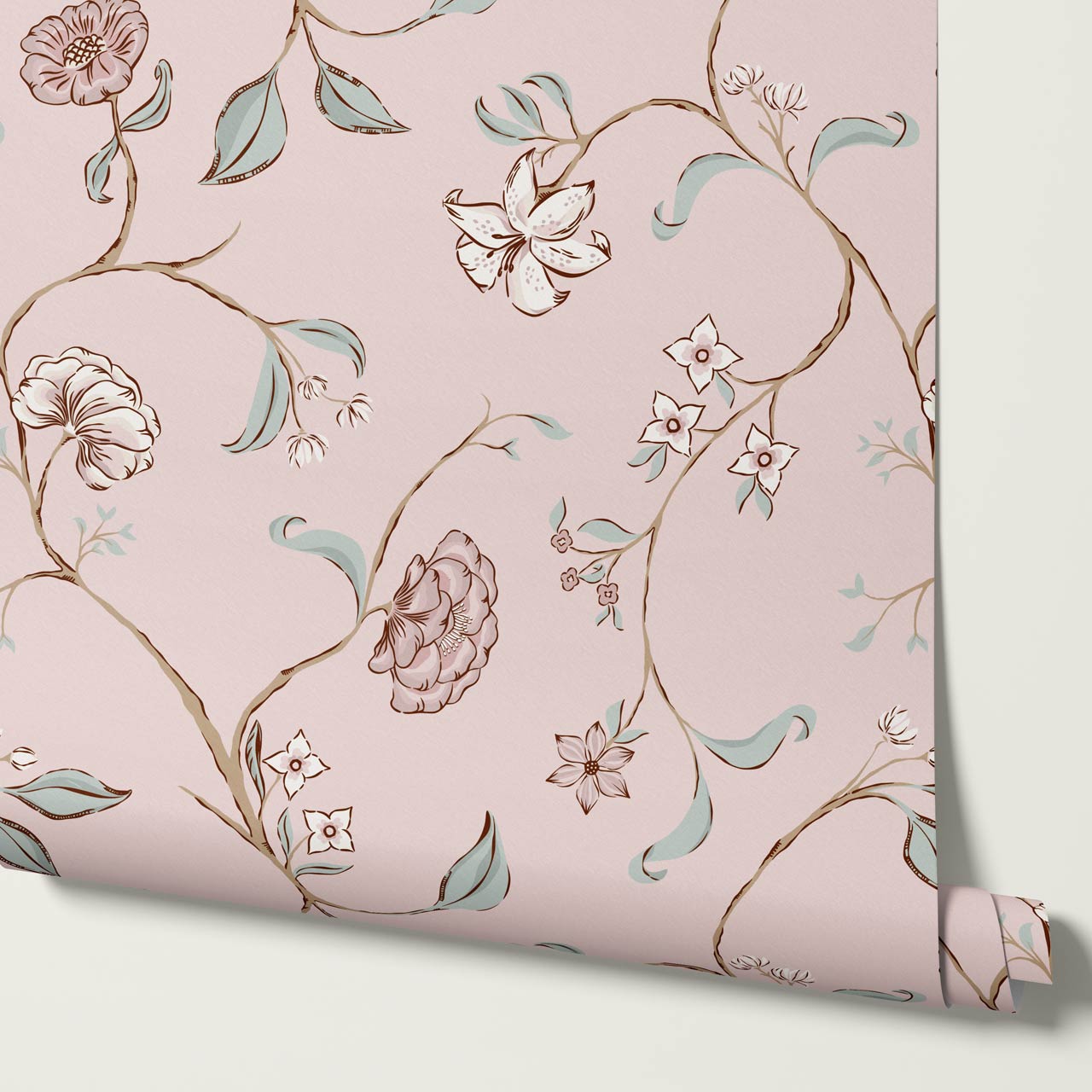 Kinnette Whimsical Floral Chinoiserie Pink Sage Wallpaper