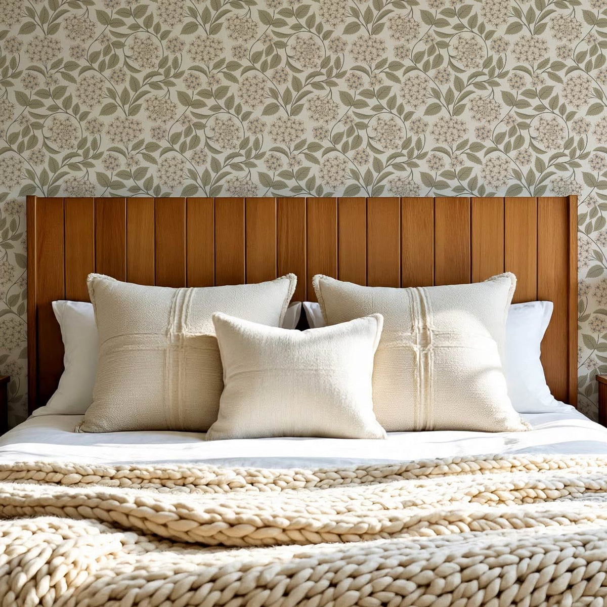 Leonora Hydrangea Botanicals Neutral Beige Olive Wallpaper