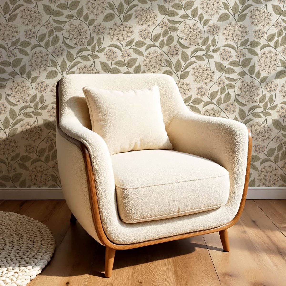 Leonora Hydrangea Botanicals Neutral Beige Olive Wallpaper