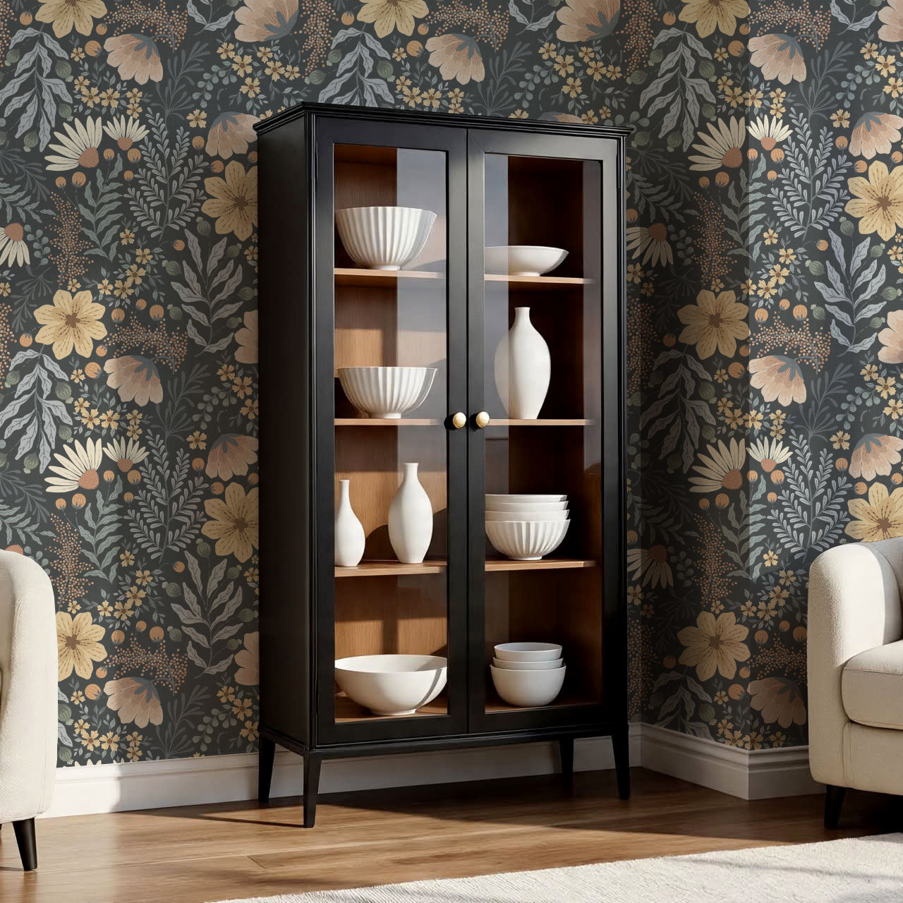 Lilibeth Cottagecore Wildflowers Navy Wallpaper