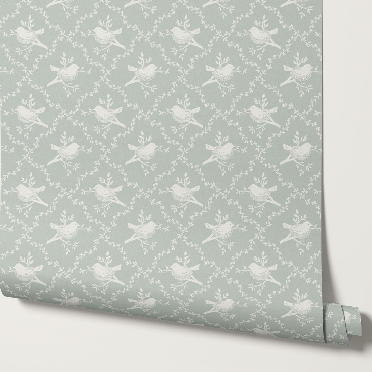 Livie Bird Nest Damask Sage Wallpaper