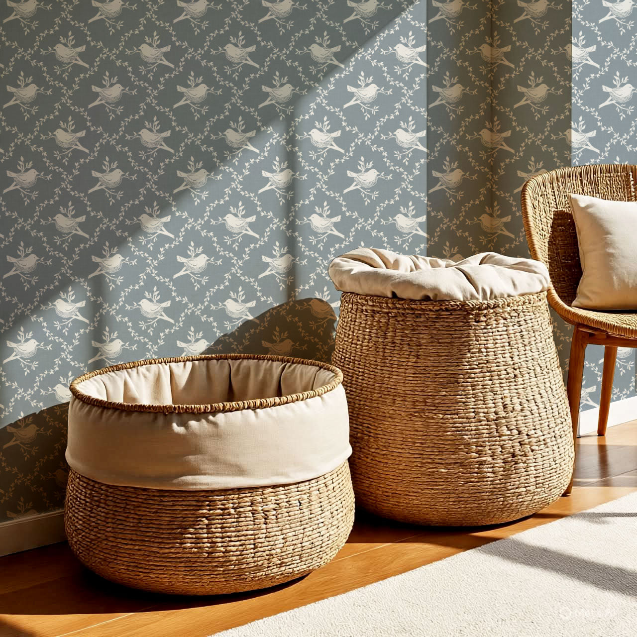 Livie Bird Nest Damask French Blue Wallpaper