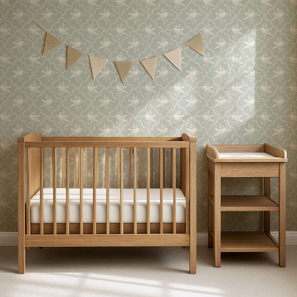 Livie Bird Nest Damask Sage Wallpaper
