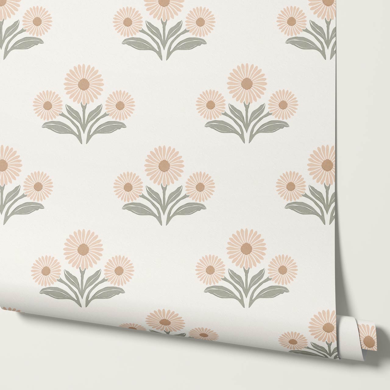 Lorea Daisy Block Print Soft Greige White Wallpaper
