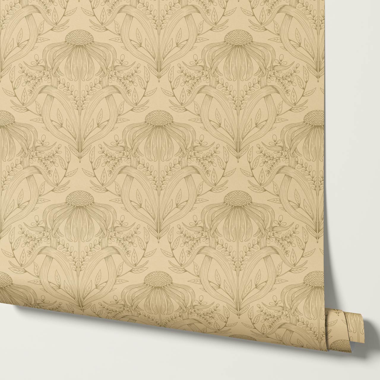 Lovel Large Delicate Line Floral Almond Yellow Wallpaper