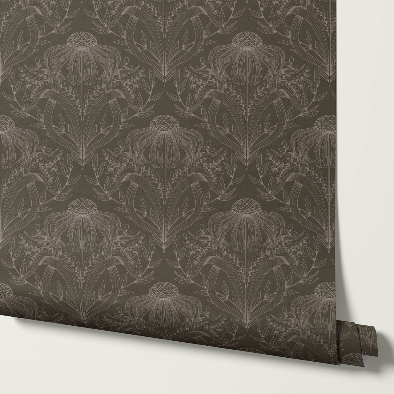 Lovel Large Delicate Line Floral Taupe Brown Wallpaper