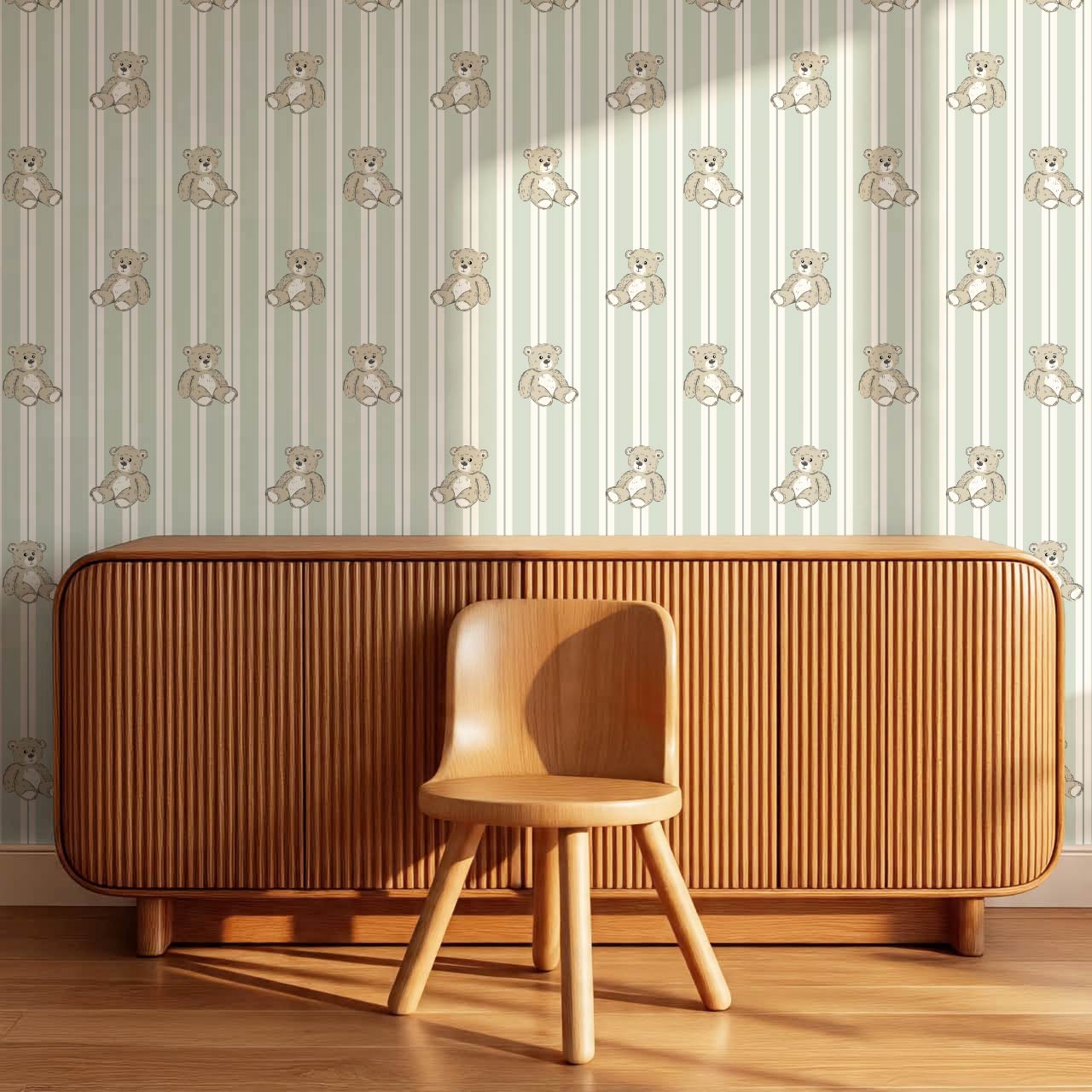 Lucas Teddy Bear Double Stripes Light Green Wallpaper