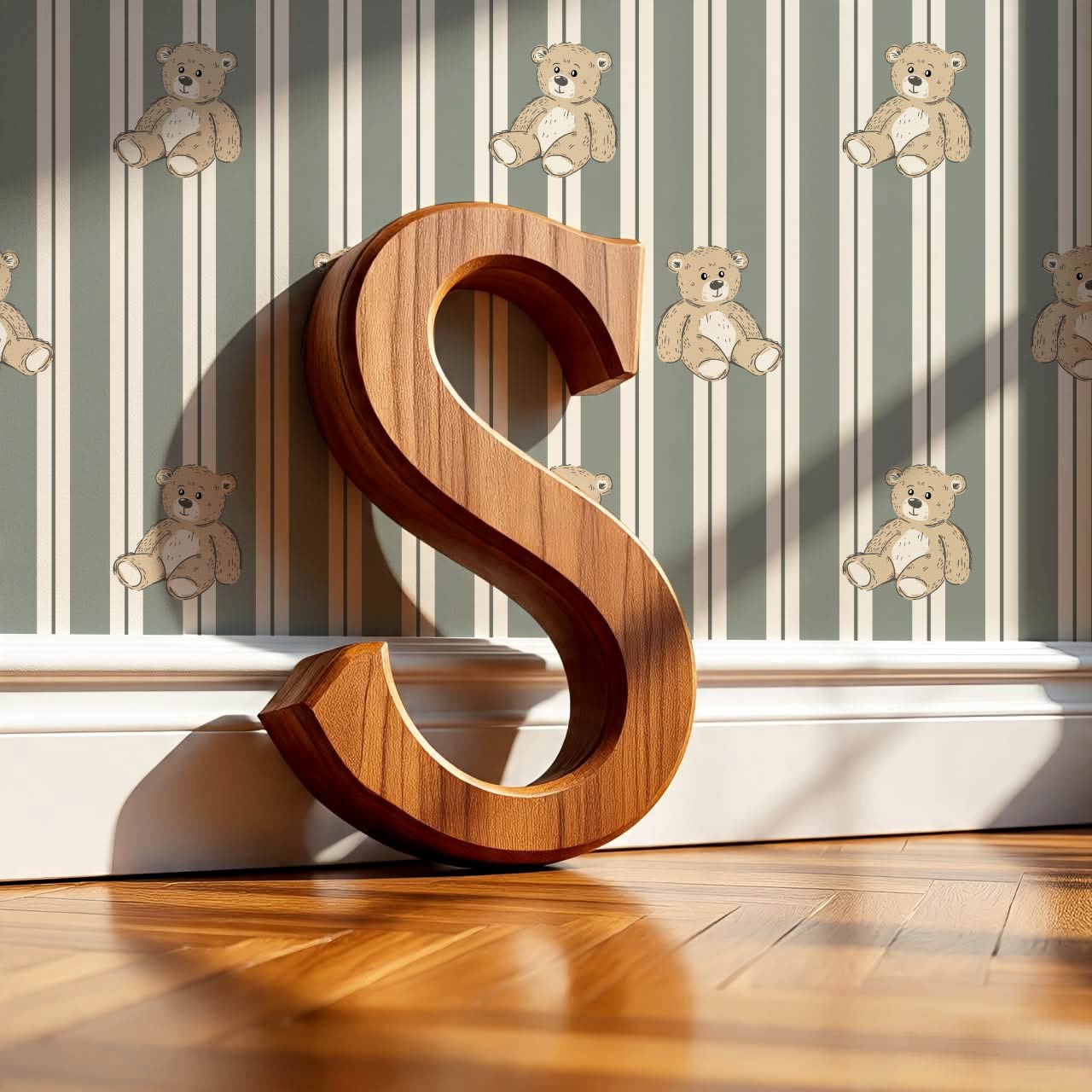 Lucas Teddy Bear Double Stripes Sage Wallpaper