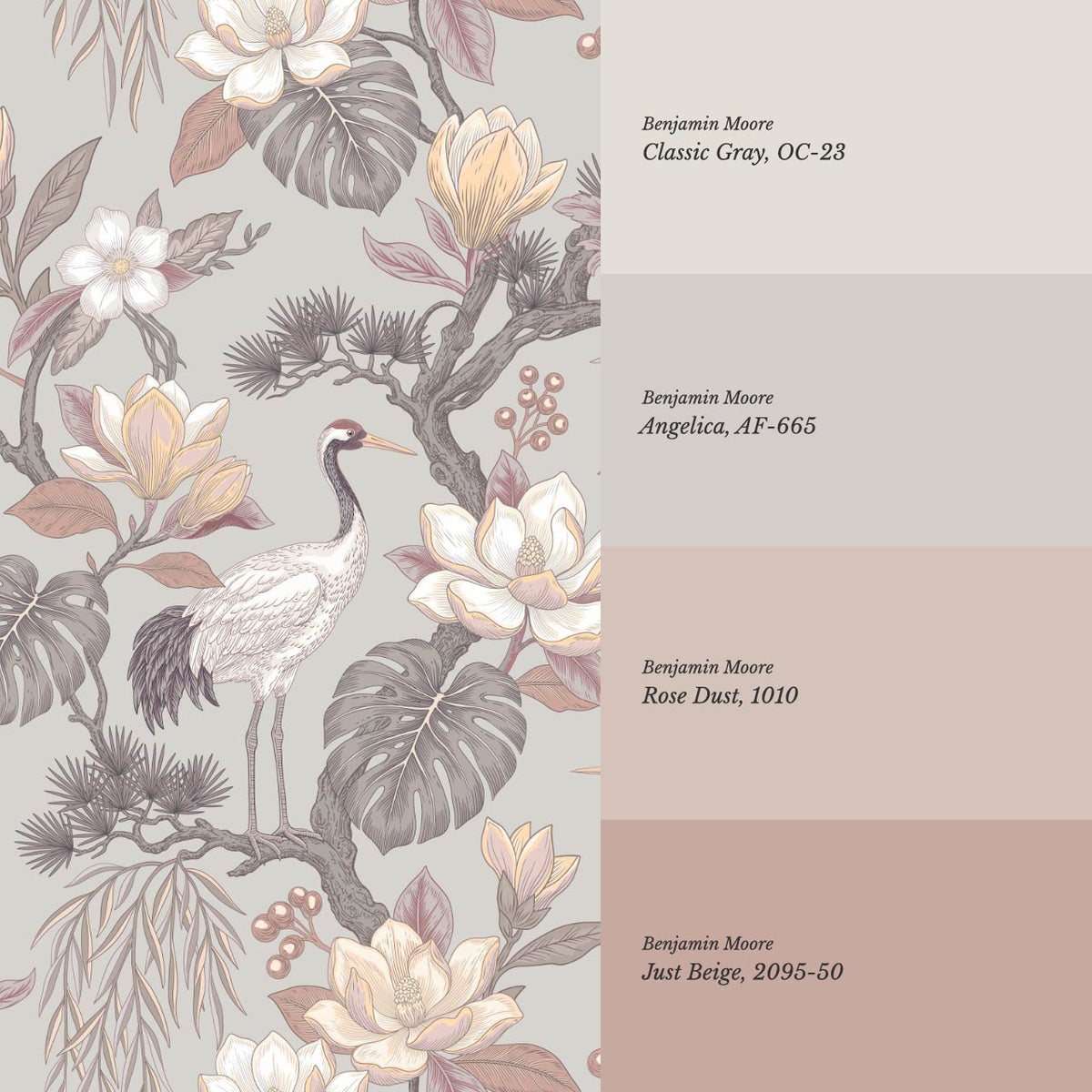 Luciaana Cranes Berry Gray Feather Wallpaper