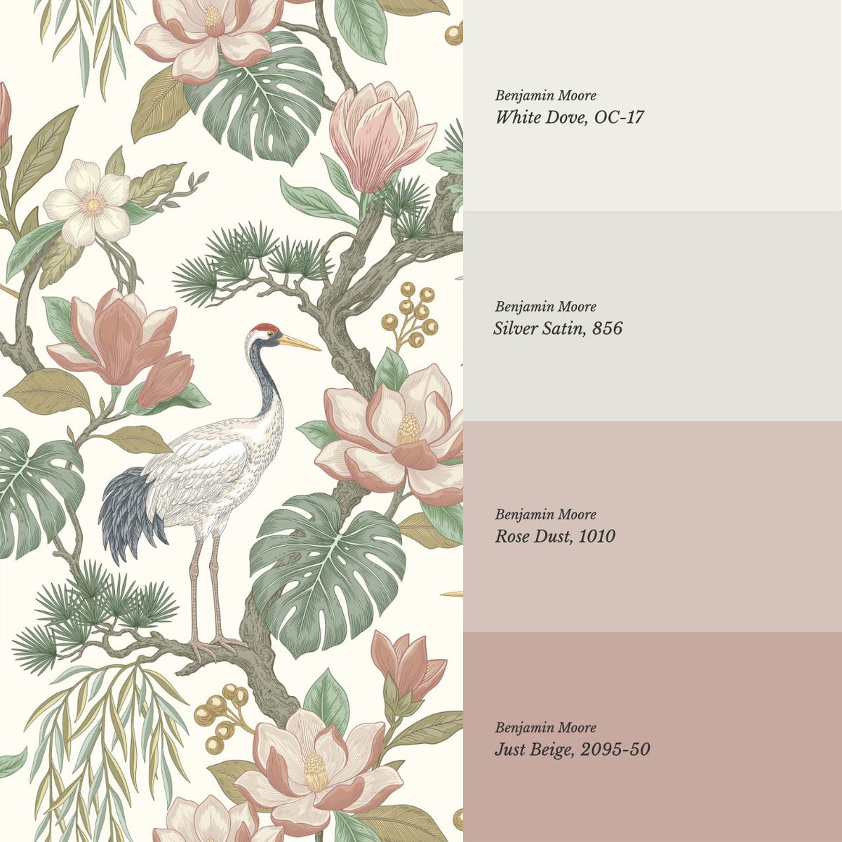 Luciaana Cranes Cream Garden Green Wallpaper