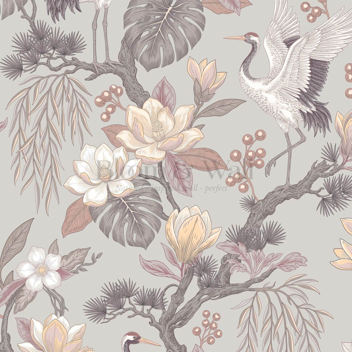 Luciaana Cranes Berry Gray Feather Wallpaper
