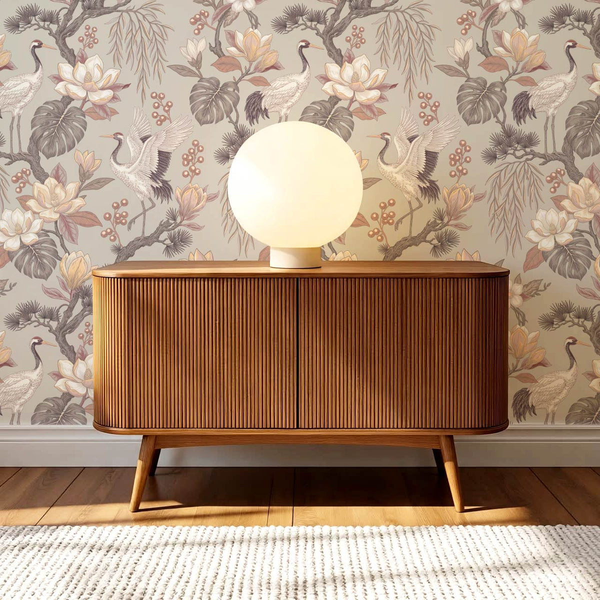 Luciaana Cranes Berry Gray Feather Wallpaper