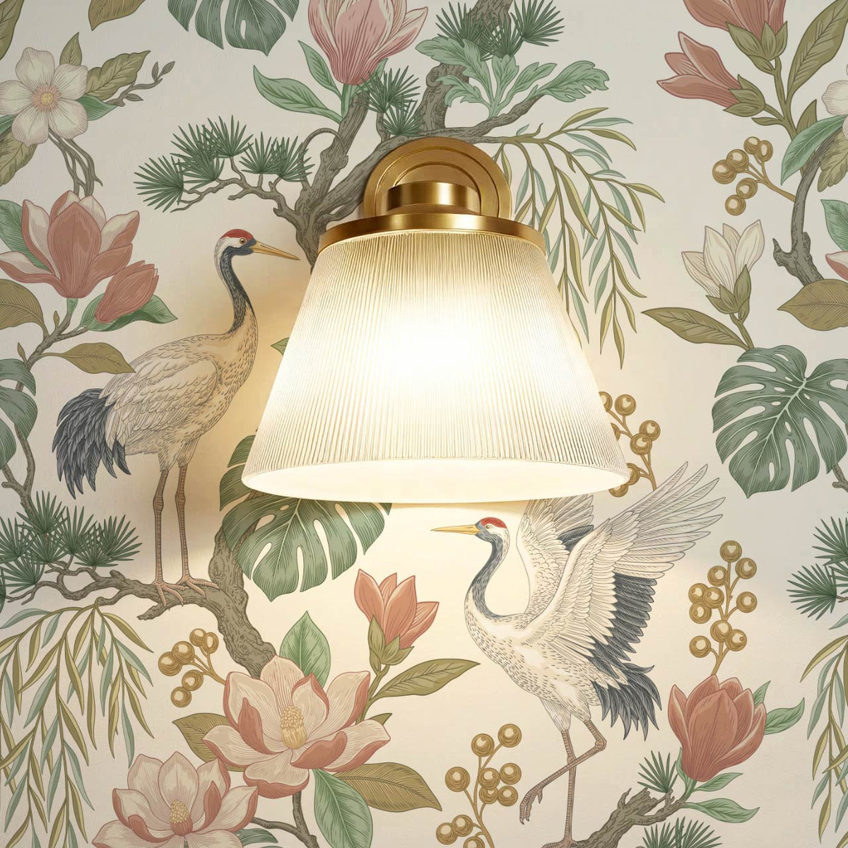 Luciaana Cranes Cream Garden Green Wallpaper