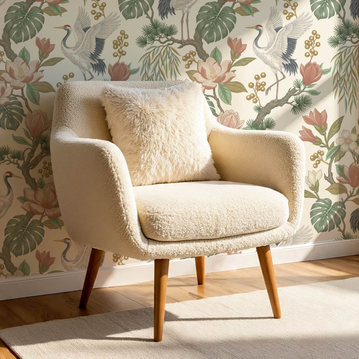 Luciaana Cranes Cream Garden Green Wallpaper