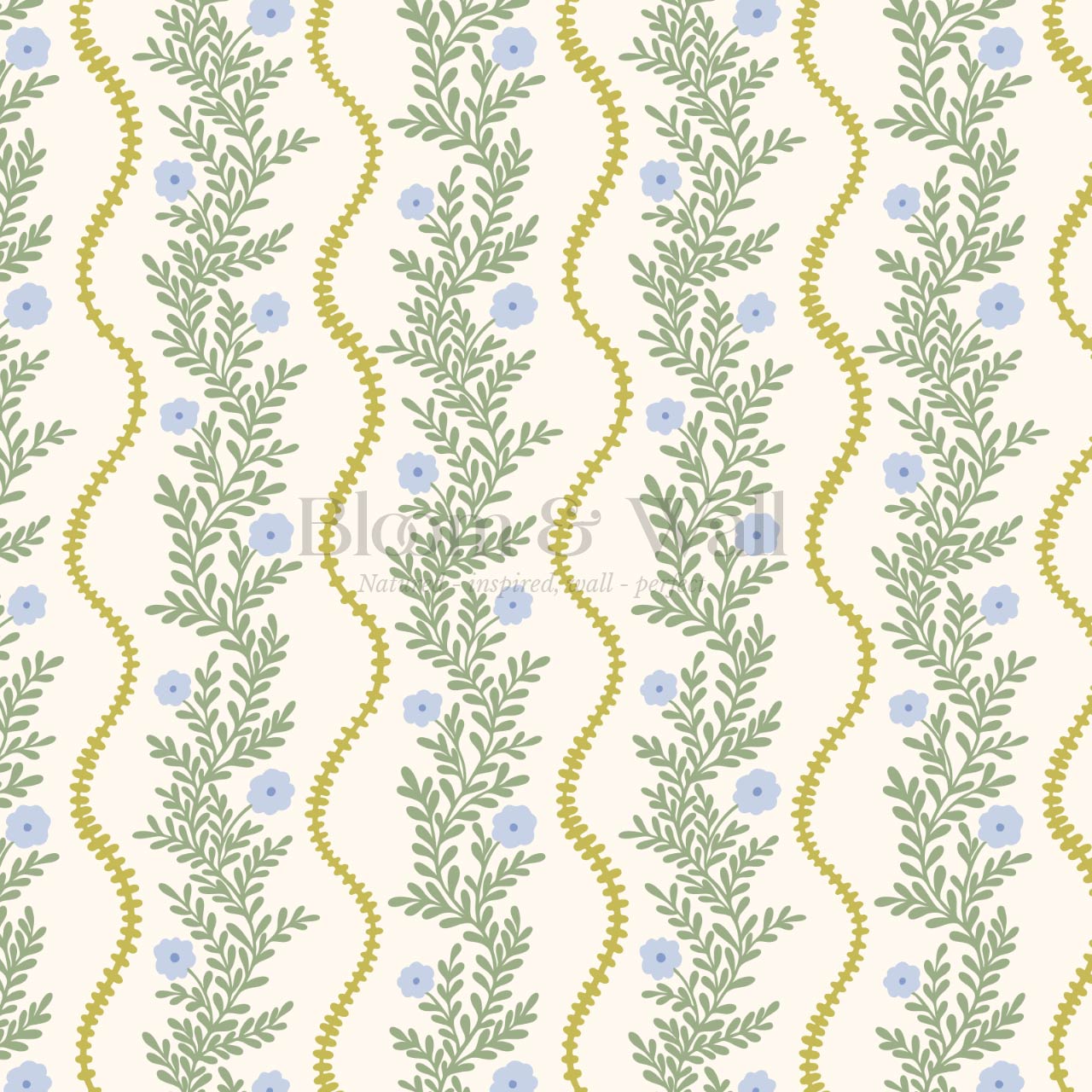 Lucinda Blooming Vines Chartreuse Blue Bell Green Wallpaper