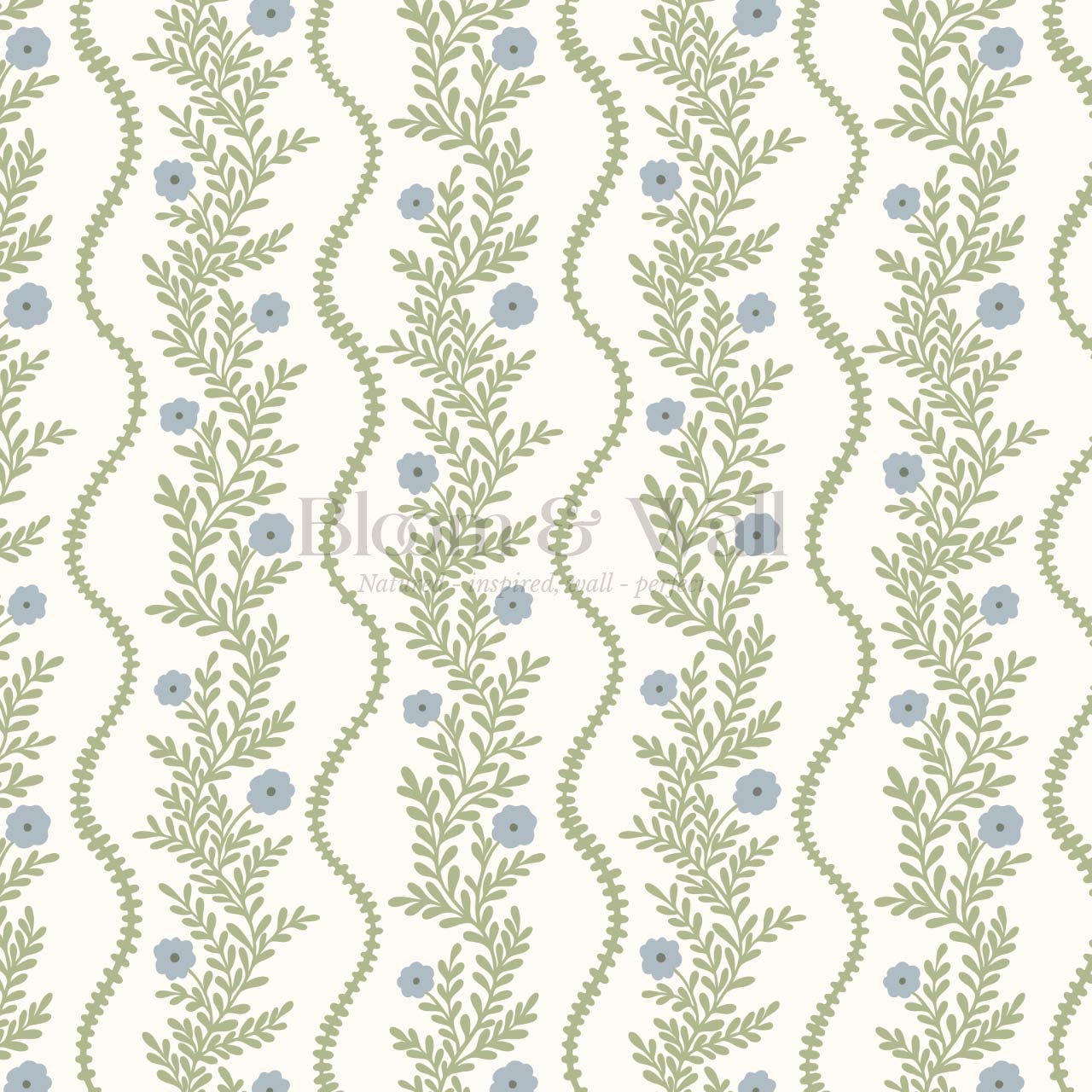 Lucinda Blooming Vines Grass Green Dusty Blue Wallpaper