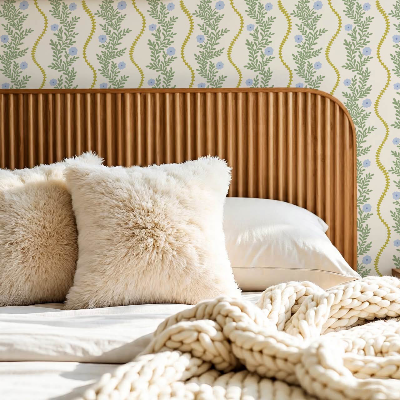 Lucinda Blooming Vines Chartreuse Blue Bell Green Wallpaper