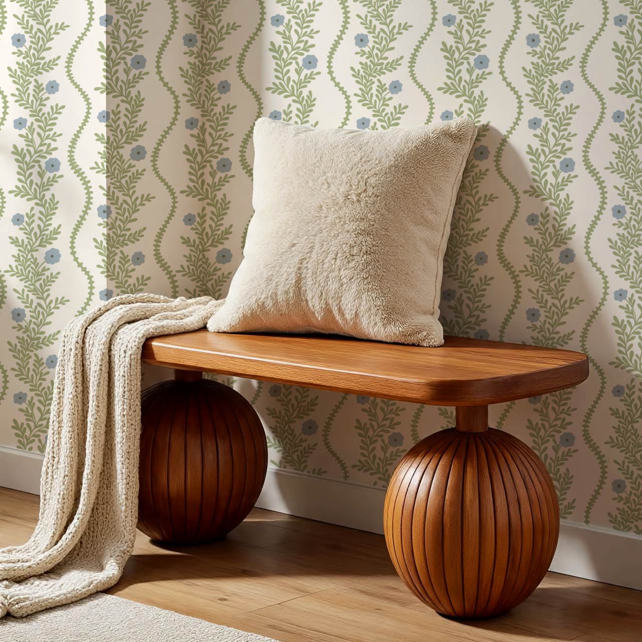 Lucinda Blooming Vines Grass Green Dusty Blue Wallpaper