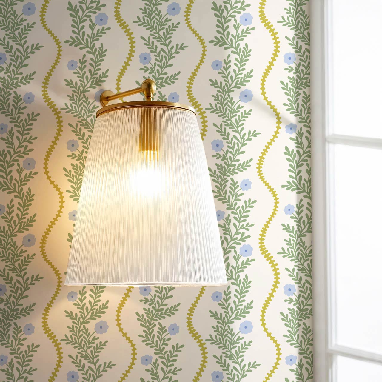 Lucinda Blooming Vines Chartreuse Blue Bell Green Wallpaper