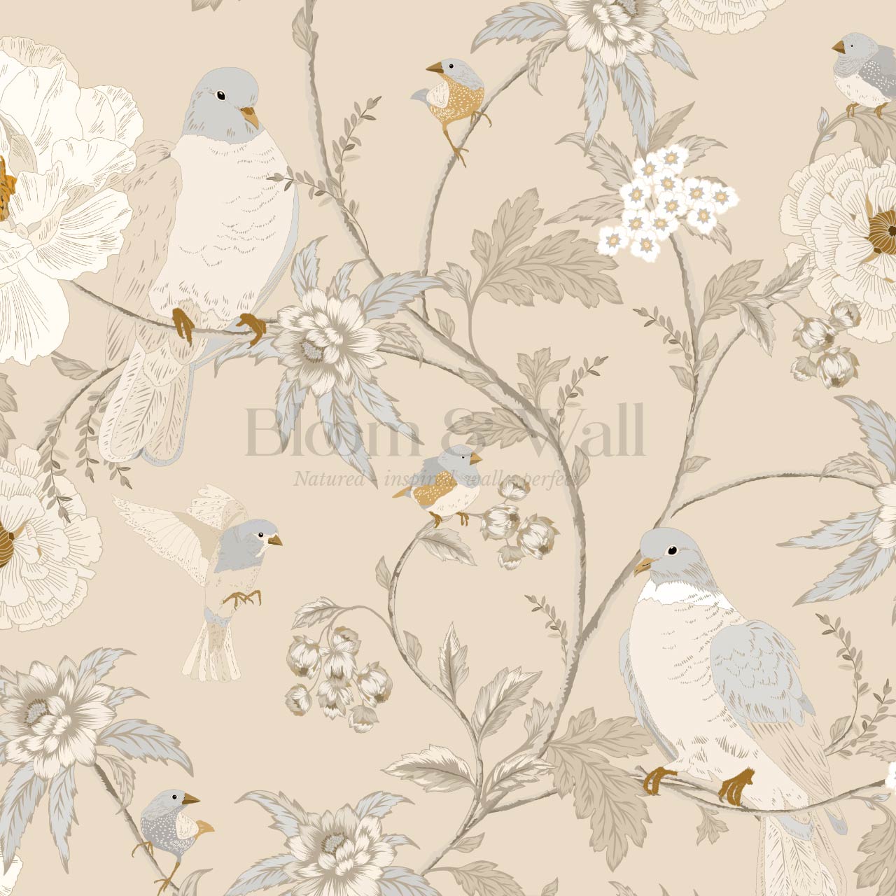 Lulee Whispering Dove Chinoiserie Taupe Wallpaper